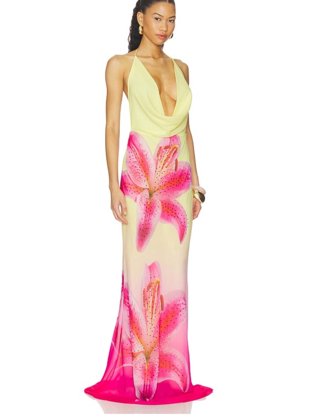 Satin Halter Maxi Dress with Pink Floral Print